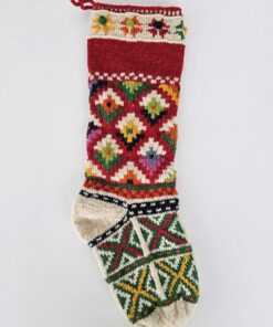 Hand-knitted traditional Christmas tree stocking with red-and-white pattern