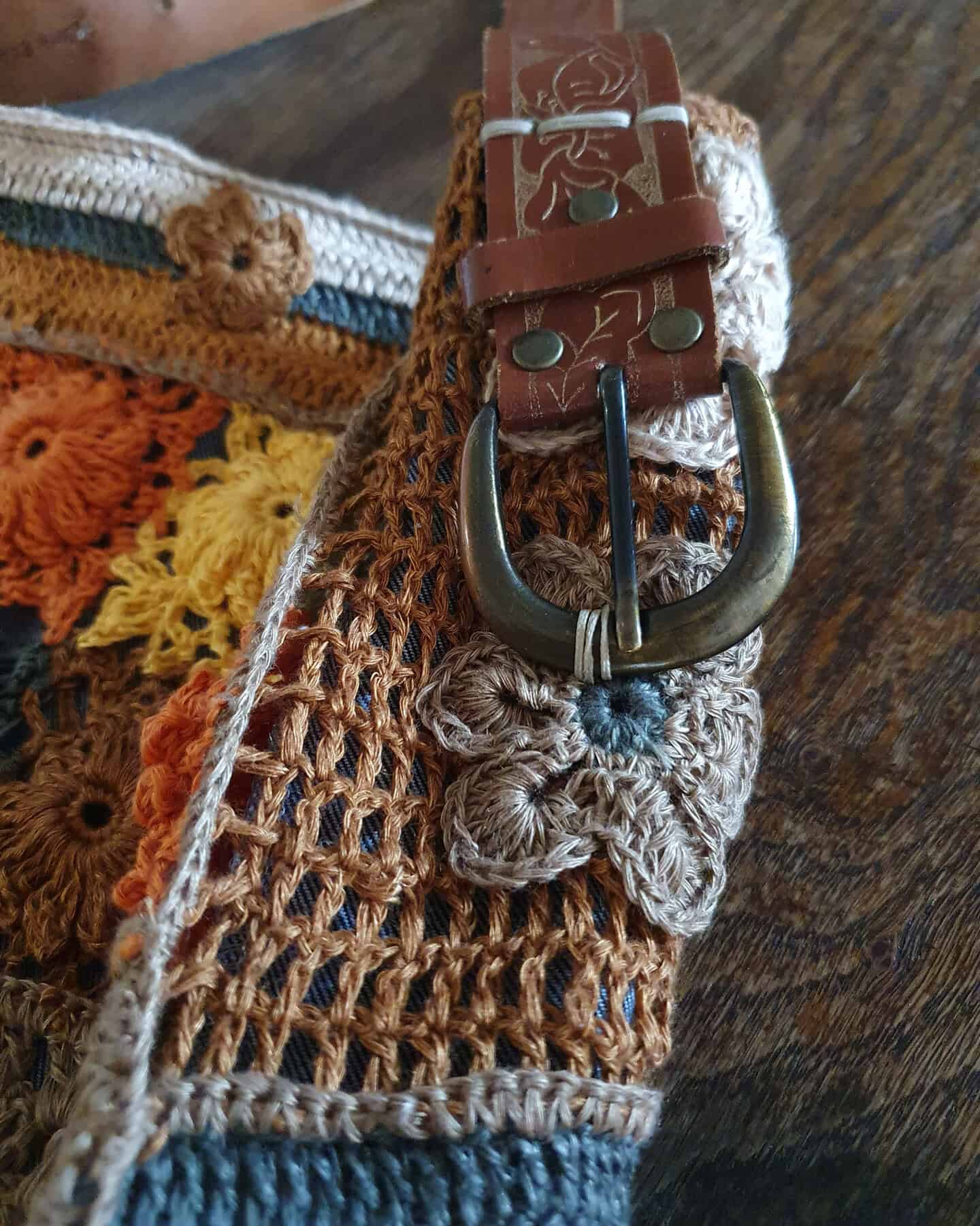 Genuine leather strap on handmade linen Boho bag