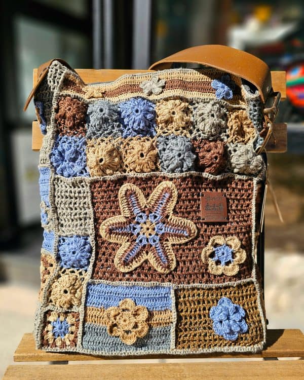 Handmade Boho Shoulder Bag crafted from linen with denim lining and leather belt