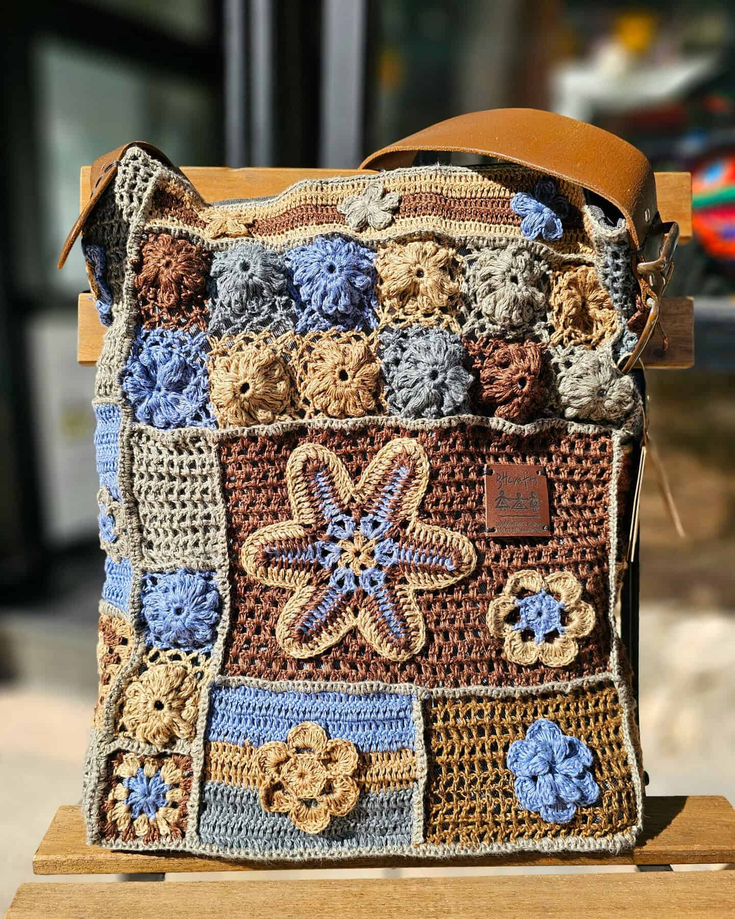 Handmade Boho Shoulder Bag crafted from linen with denim lining and leather belt