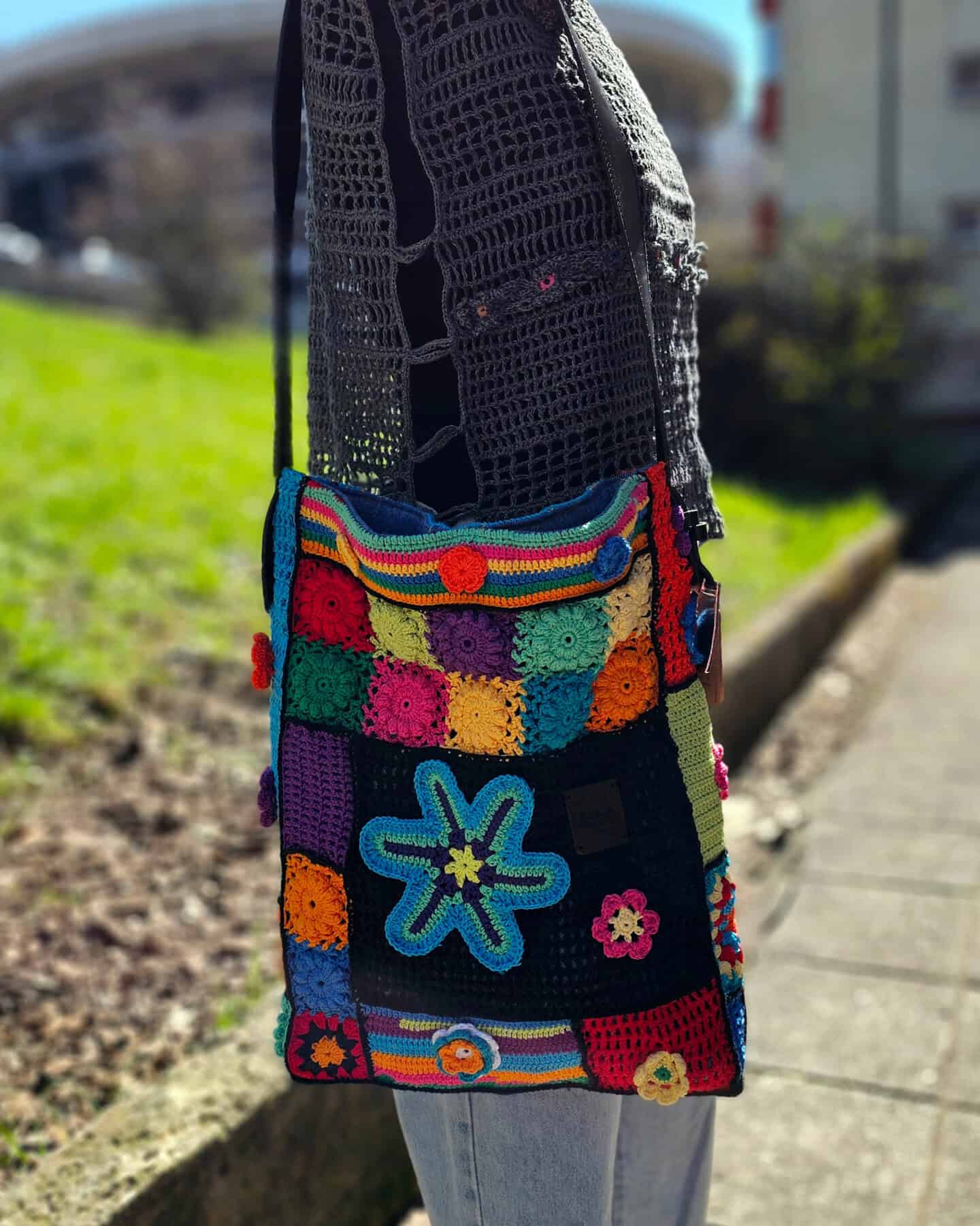 Handmade Boho Shoulder Bag crafted from linen with denim lining and genuine leather strap