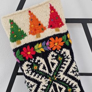 Top-down view of Handmade Boho Style Christmas stocking showing the opening for gifts.