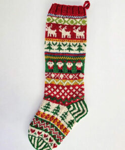 Handcrafted Christmas stocking featuring reindeer, Santa, and Nordic patterns in red, green, and cream.