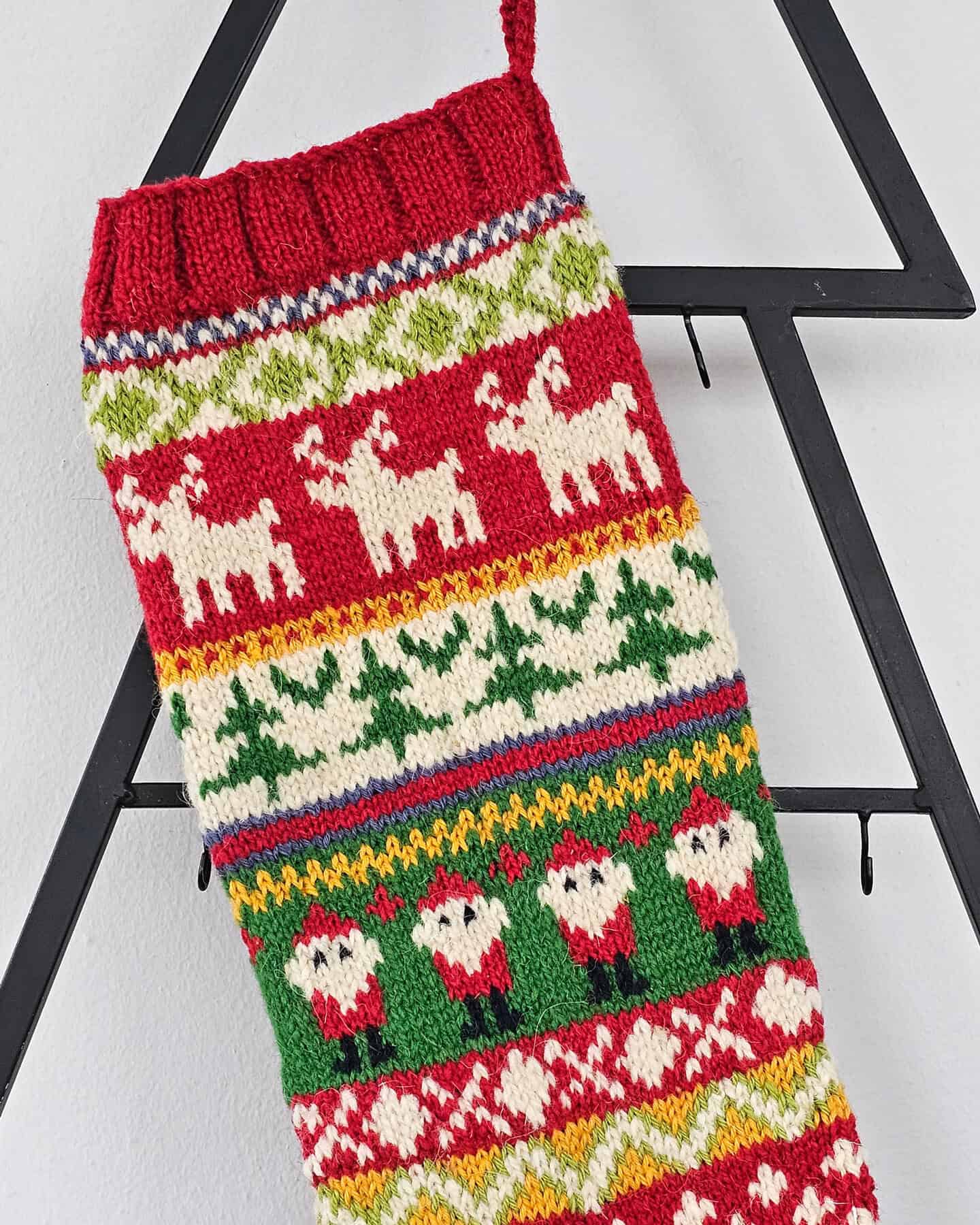 Close-up of knitted yarn and material texture of Christmas stocking.