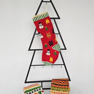 Handmade colorful Christmas stocking with snowmen, trees, and bells – fair-trade knitted holiday decoration by BHcrafts