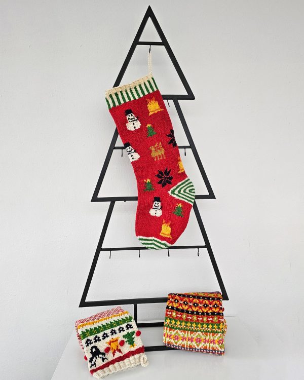 Handmade colorful Christmas stocking with snowmen, trees, and bells – fair-trade knitted holiday decoration by BHcrafts