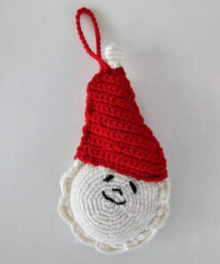 Crochet Santa Claus Christmas Holiday tree decor with red textured hat, white face, smile and hang loop