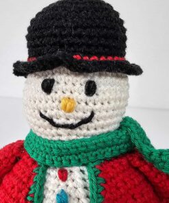 Fair trade crocheted snowman holiday decoration with black hat