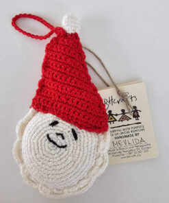 Hand-crocheted Santa Claus Christmas ornament with red hat and white pom-pom, smiling face and braided loop.