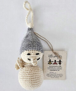 Hand-crocheted Snowman Christmas tree Ornaments Set with gray hat, cream body, and smiling face. BHcrafts Fair Trade Handmade
