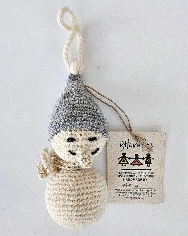 Hand-crocheted Snowman Christmas tree Ornaments Set with gray hat, cream body, and smiling face. BHcrafts Fair Trade Handmade