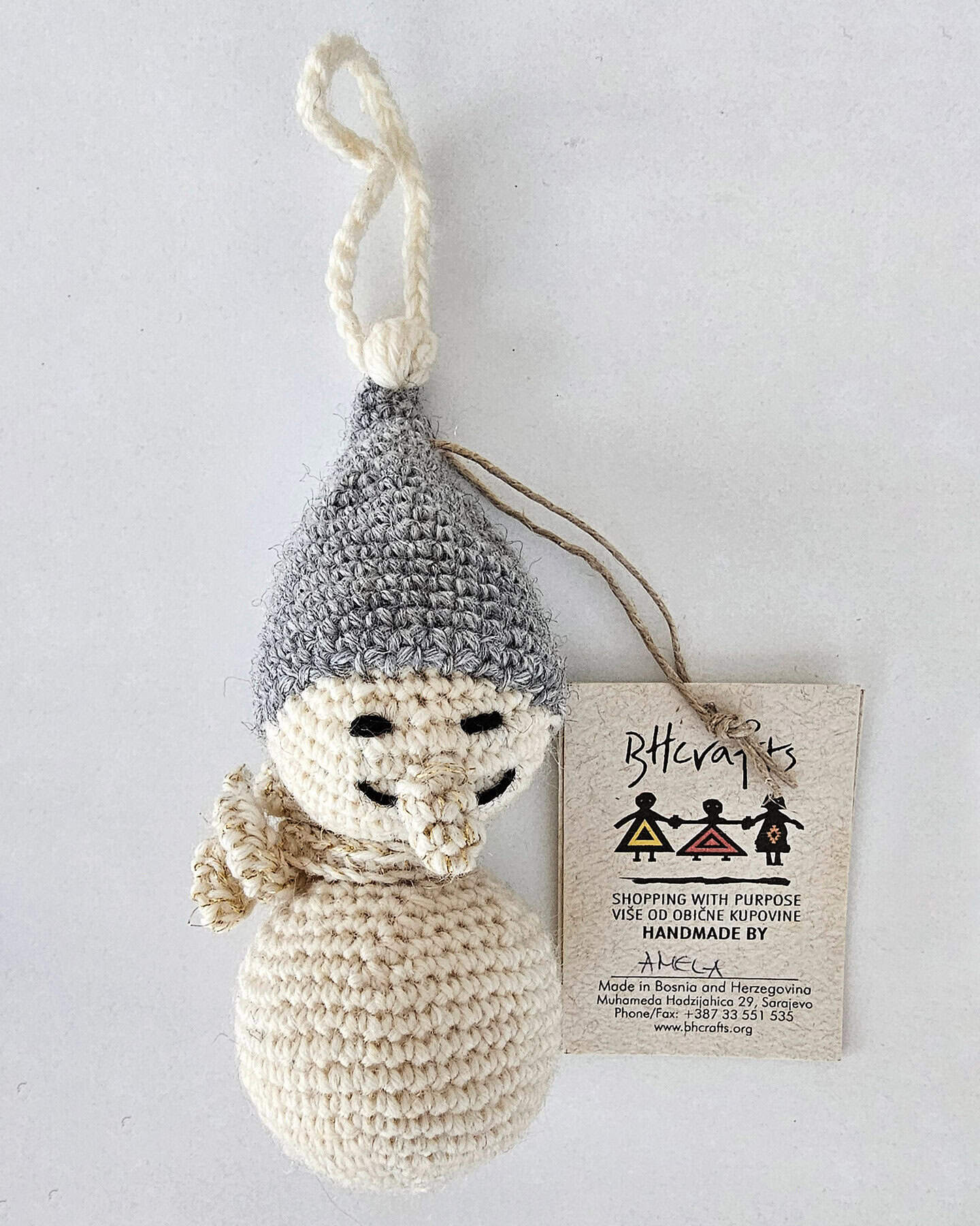 Hand-crocheted Snowman Christmas tree Ornaments Set with gray hat, cream body, and smiling face. BHcrafts Fair Trade Handmade