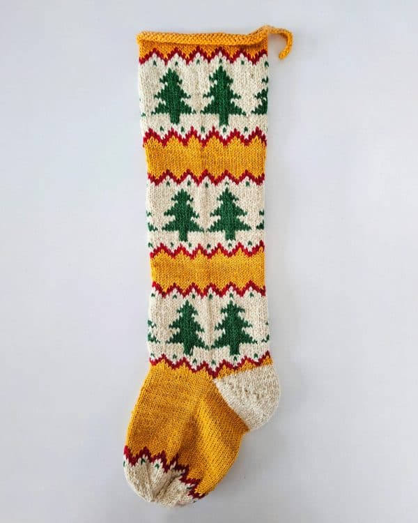 Hand‑Knit Festive Tree & Chevron Christmas Stocking. Holiday home decor