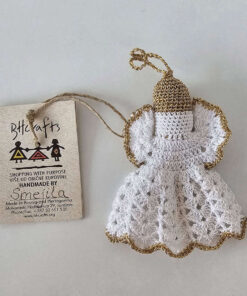 Artisanal crochet Angel Christmas decoration, white with gold accents