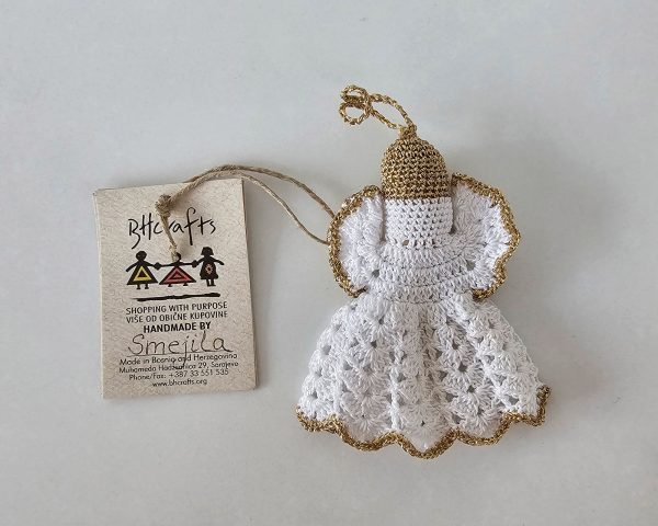 Artisanal crochet Angel Christmas decoration, white with gold accents