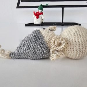 Crochet snowman Christmas tree decoration with gray beanie, cream torso, smiling expression