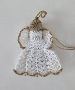 Hand crocheted Christmas decor, white angel Christmas ornament with gold trim