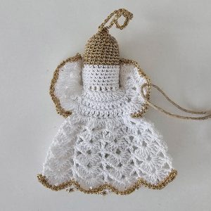 Hand crocheted Christmas decor, white angel Christmas ornament with gold trim