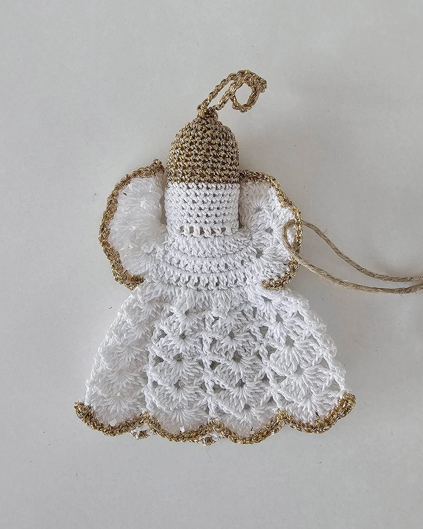 Hand crocheted Christmas decor, white angel Christmas ornament with gold trim