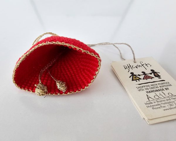 Red crocheted Jingle Bell Christmas Ornaments Set with metallic gold edging and loop