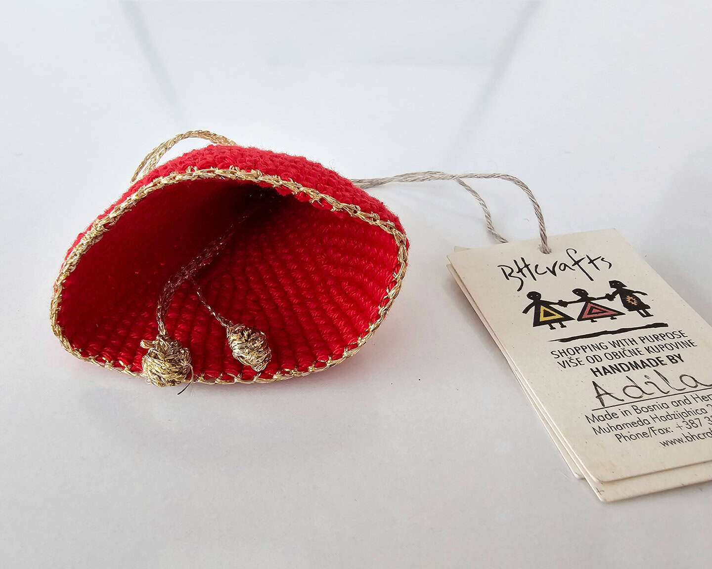 Red crocheted Jingle Bell Christmas Ornaments Set with metallic gold edging and loop