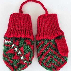 Hand-knit mini mitten Christmas tree ornament set in red and green”
