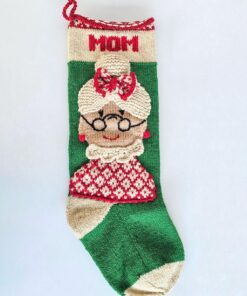 Green Christmas stocking featured Mrs. Santa with MOM personalization