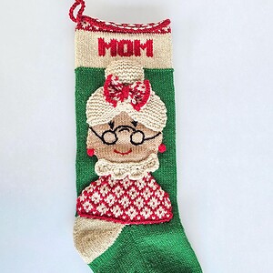 Green Christmas stocking featured Mrs. Santa with MOM personalization