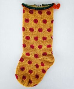 Hand-knit fair-trade Christmas tree stocking in mustard yellow with red polka dot pattern