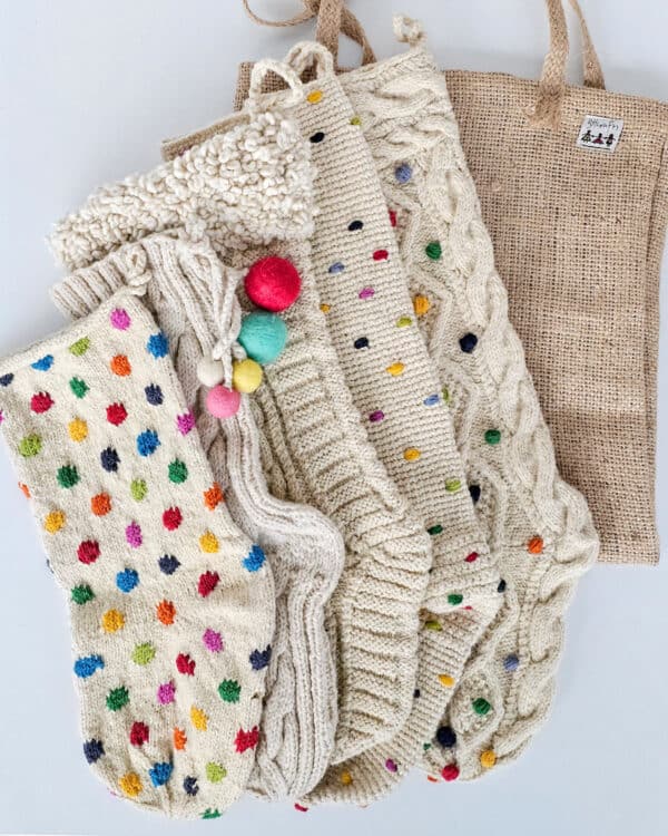 Bundle of 5 White Hand-Knit Christmas Stockings crafted by Fair Trade artisans