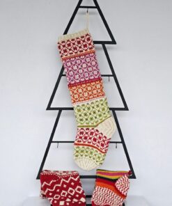 Hand-knit Christmas tree stocking with red, green, orange, and purple patterns