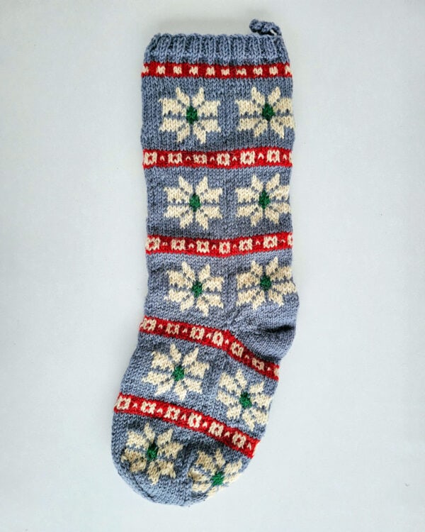 Unique knitted holiday stocking with loop for hanging