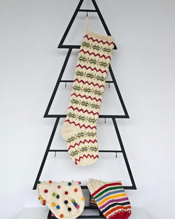 Hand-knit Christmas tree stocking with chevron (zigzag) pattern