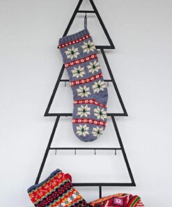 Hand-knit Holiday stocking in blue with white snowflake and red border pattern