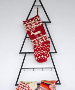 Hand-knit red Christmas stocking with cream reindeer and snowflake motifs. Limited edition!