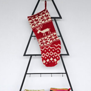 Hand-knit red Christmas stocking with cream reindeer and snowflake motifs. Limited edition!
