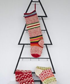 Hand-knit Christmas tree stocking with red and white knit and colorful stripes