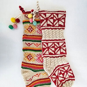 Handmade wool Christmas stockings set of two in red and multicolor traditional patterns by BHcrafts