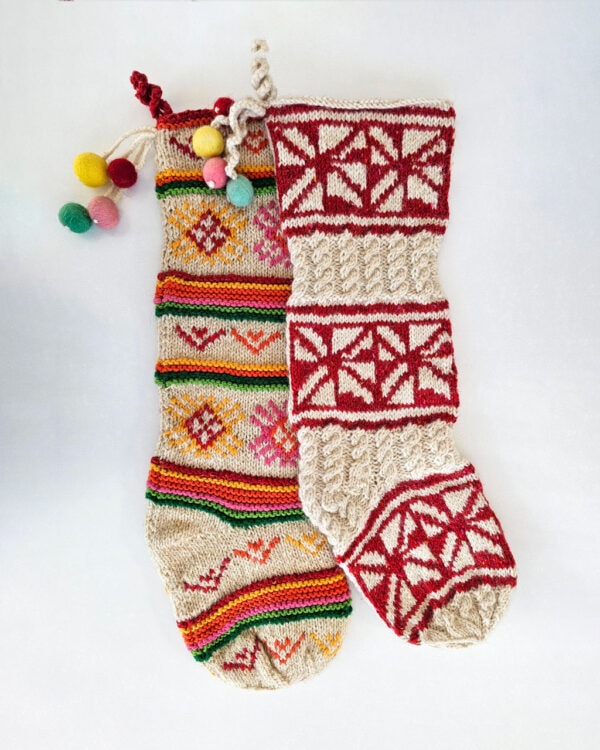 Handmade wool Christmas stockings set of two in red and multicolor traditional patterns by BHcrafts