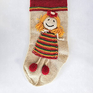 Handmade Christmas stocking with girl doll appliqué in striped dress