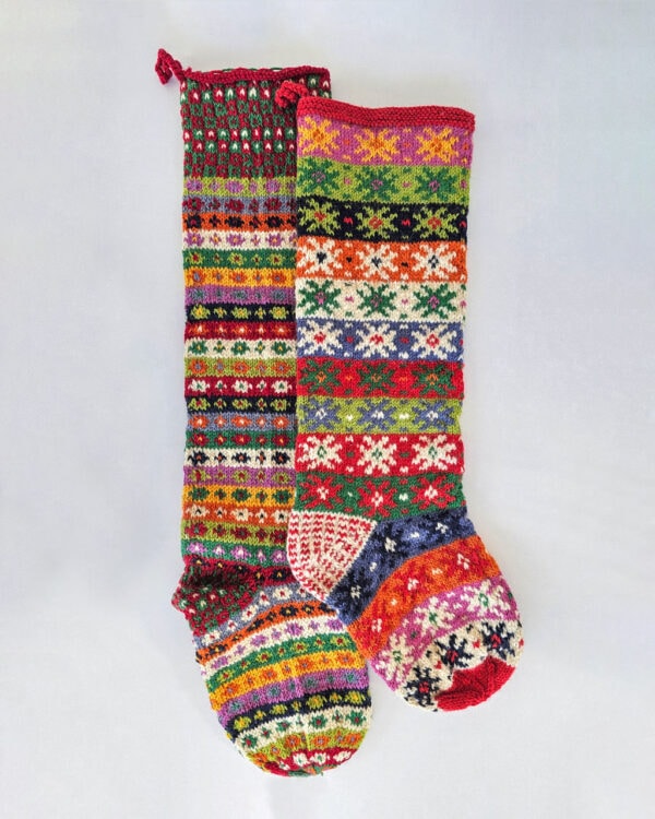 Handmade fair-trade wool Christmas stockings with colorful patterns by BHcrafts