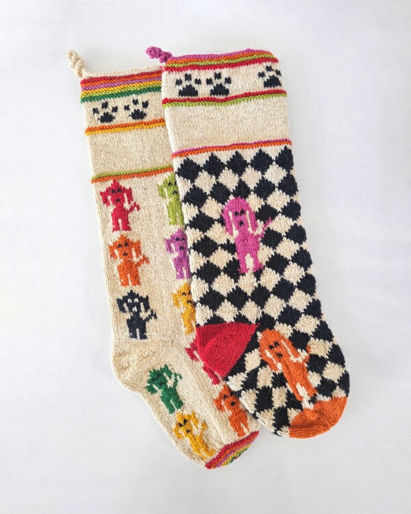 Handmade wool Christmas stockings with colorful dog motifs by BHcrafts