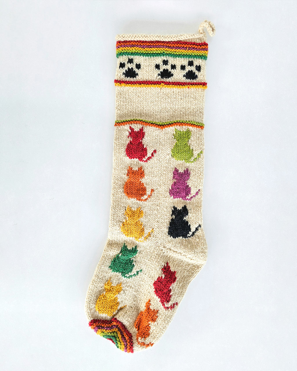 Wool blend stocking with bright cat motifs and paw print band