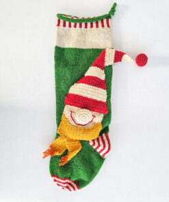 Knitted holiday stockings with textured elf character designs
