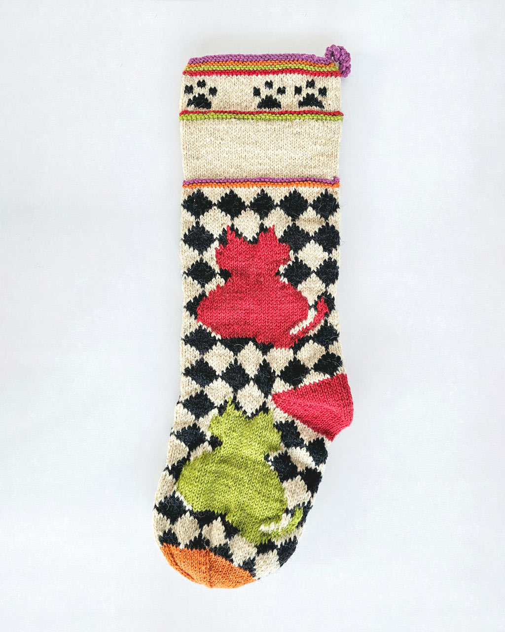 Natural wool Holiday stocking with cat silhouettes