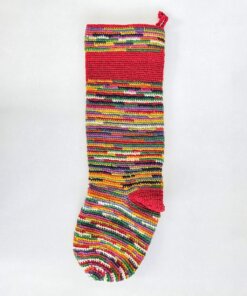 Handmade holiday tree stocking with striped cream base and bold striped pattern