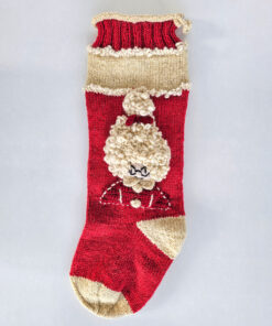 Red Knitted Christmas stocking with Mrs. Claus motifs