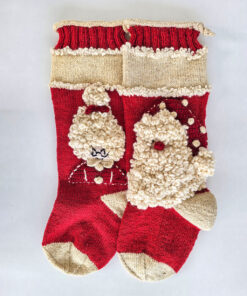 Red Fair Trade handmade Christmas stockings with Santa and Mrs. Claus design