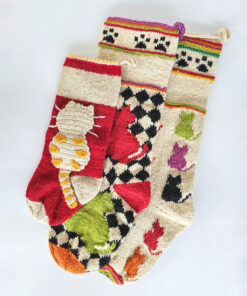 Handmade set of three cat themed Christmas stocking with colorful knit pattern