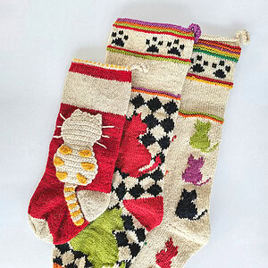 Handmade set of three cat themed Christmas stocking with colorful knit pattern